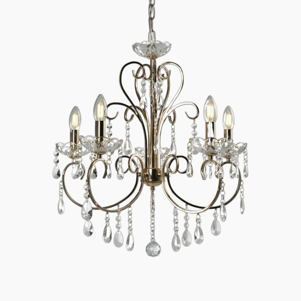 Maison Ornate Baroque Crystal Chandelier with gold tassels, metal arms, and sparkling glass pendants.