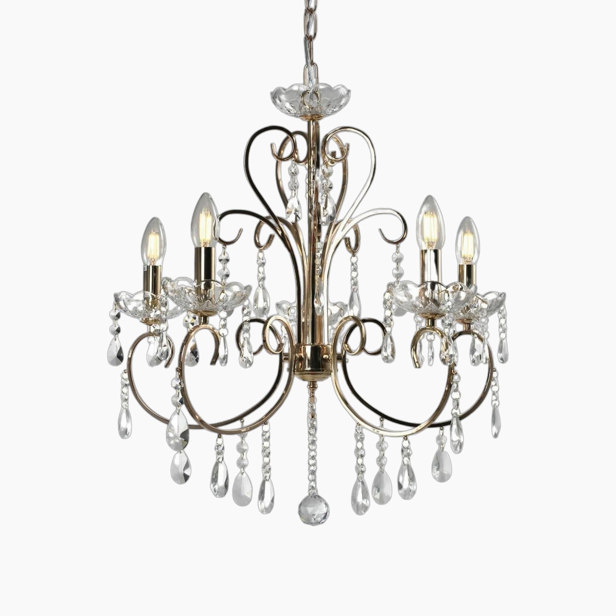 Maison Ornate Baroque Crystal Chandelier with gold tassels, metal arms, and sparkling glass pendants.