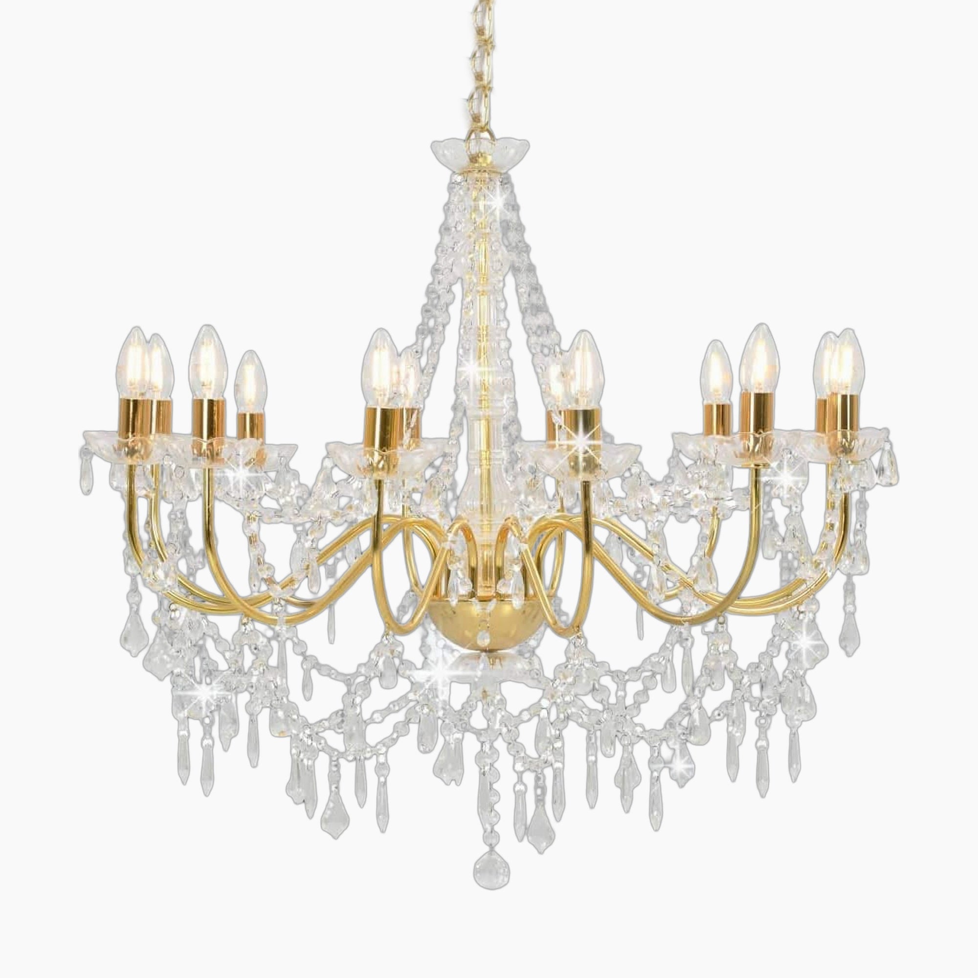 Baroque crystal chandelier with gold beads, 12 E14 candle bulbs, and sparkling crystals.