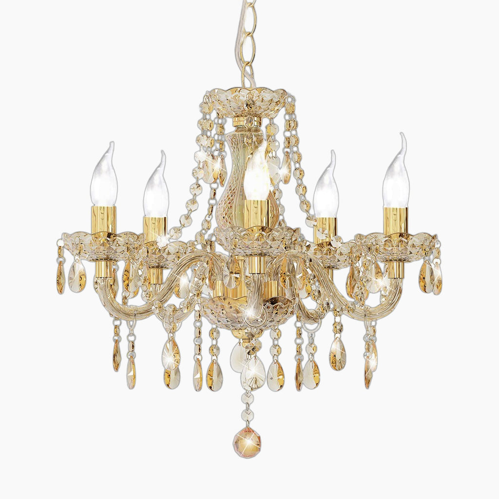 Maison Ornate 5-Branch Gold LED Chandelier with five candle bulbs and crystal accents.