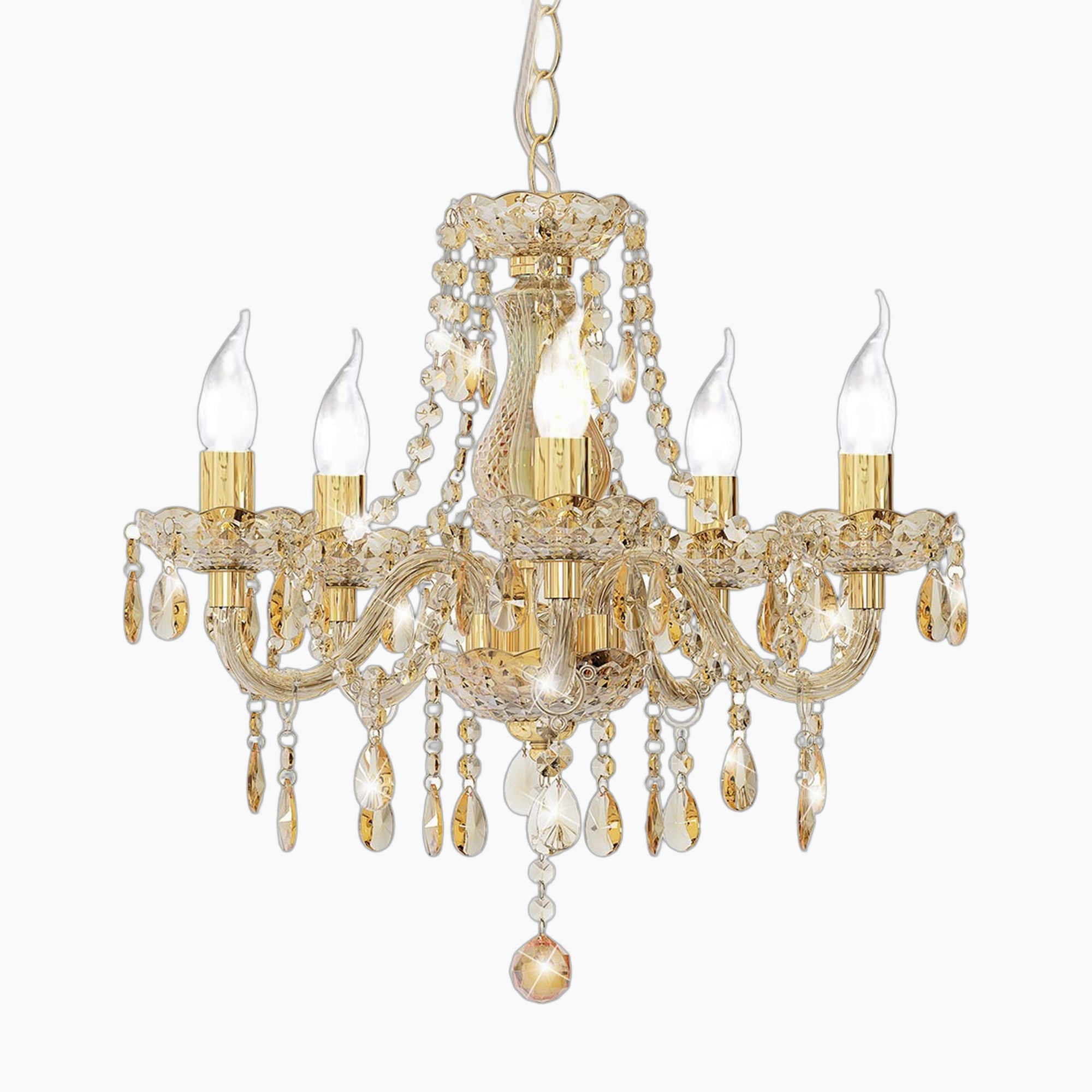 Maison Ornate 5-Branch Gold LED Chandelier with five candle bulbs and crystal accents.