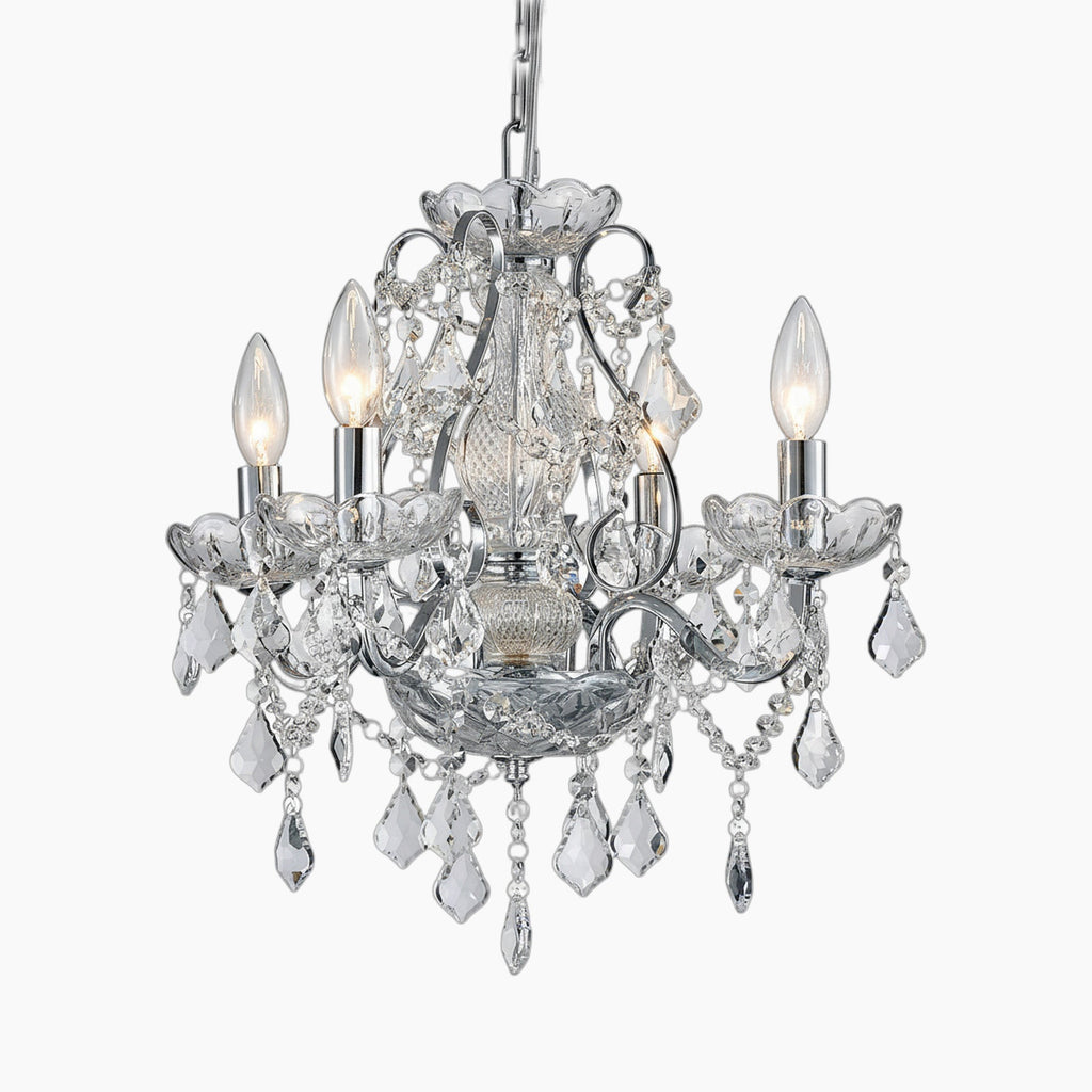 Ornate chrome chandelier with four candle bulbs and sparkling crystal prisms and beads.
