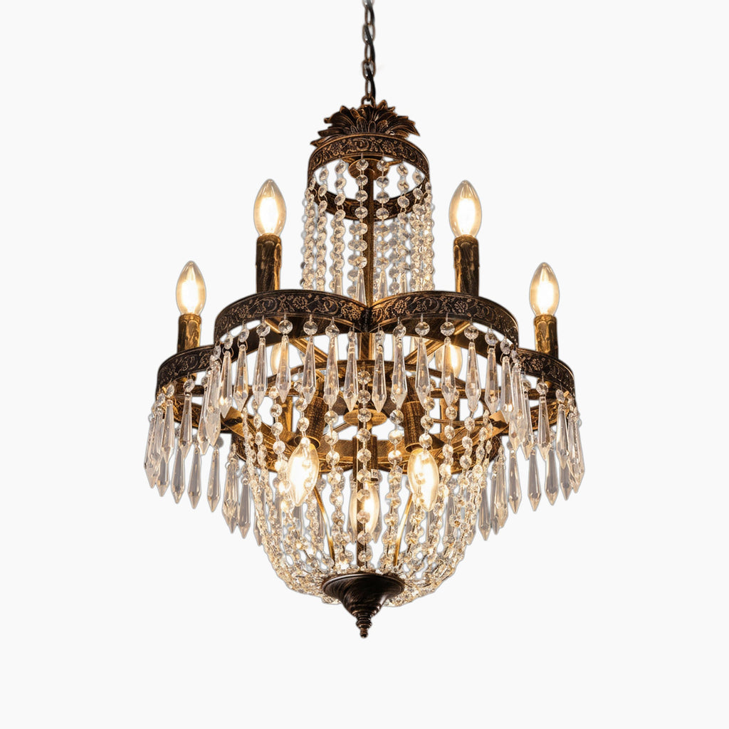 Ornate French Empire chandelier with crystal prisms and antique bronze accents, 9 lights.