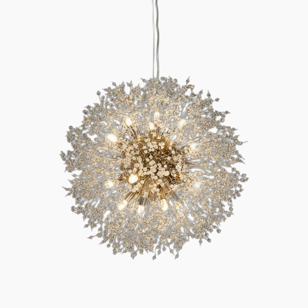 Spherical crystal ball chandelier with intricate branches, multiple lights, and sleek single-cord suspension.