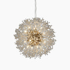Spherical crystal ball chandelier with intricate branches, multiple lights, and sleek single-cord suspension.
