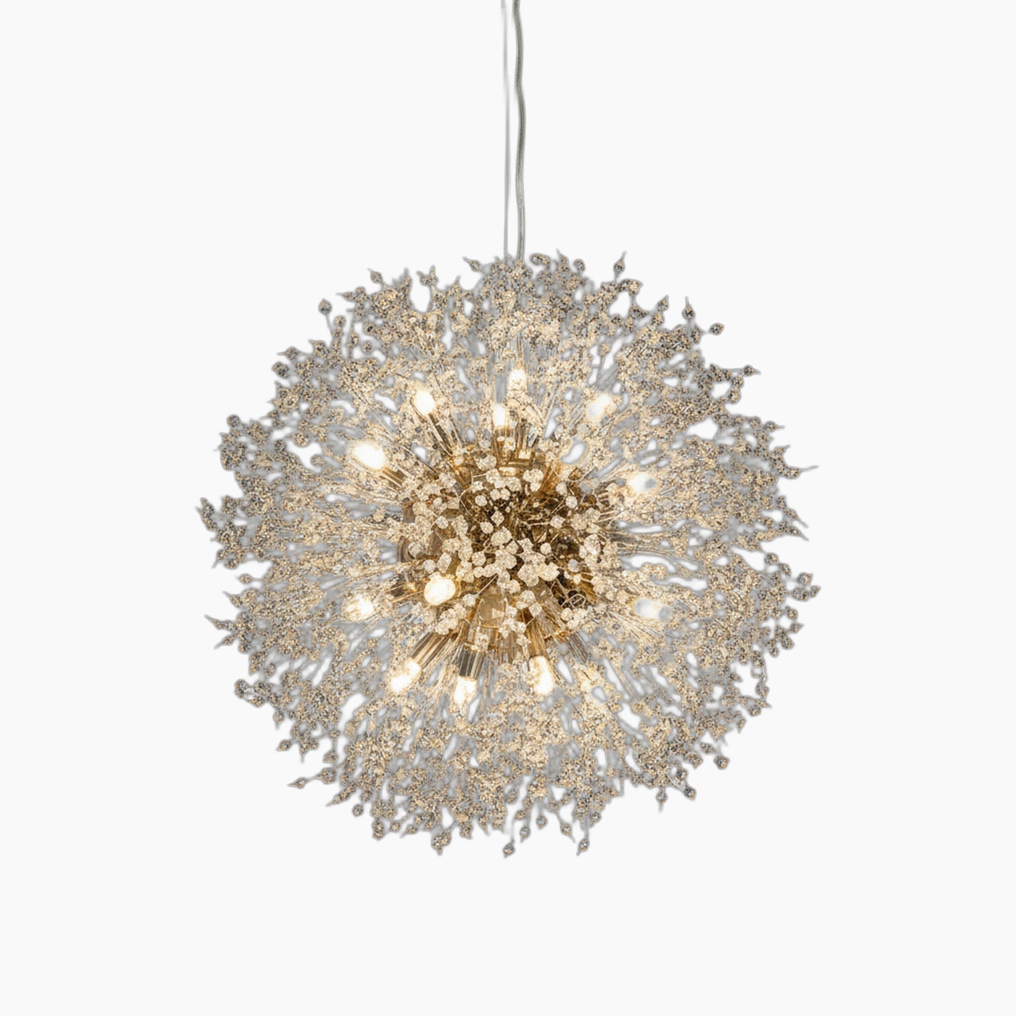 Spherical crystal ball chandelier with intricate branches, multiple lights, and sleek single-cord suspension.