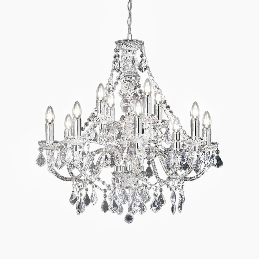 Maison Ornate Modern Crystal Chandelier with 12 candle lights, chrome acrylic finish, crystal accents.