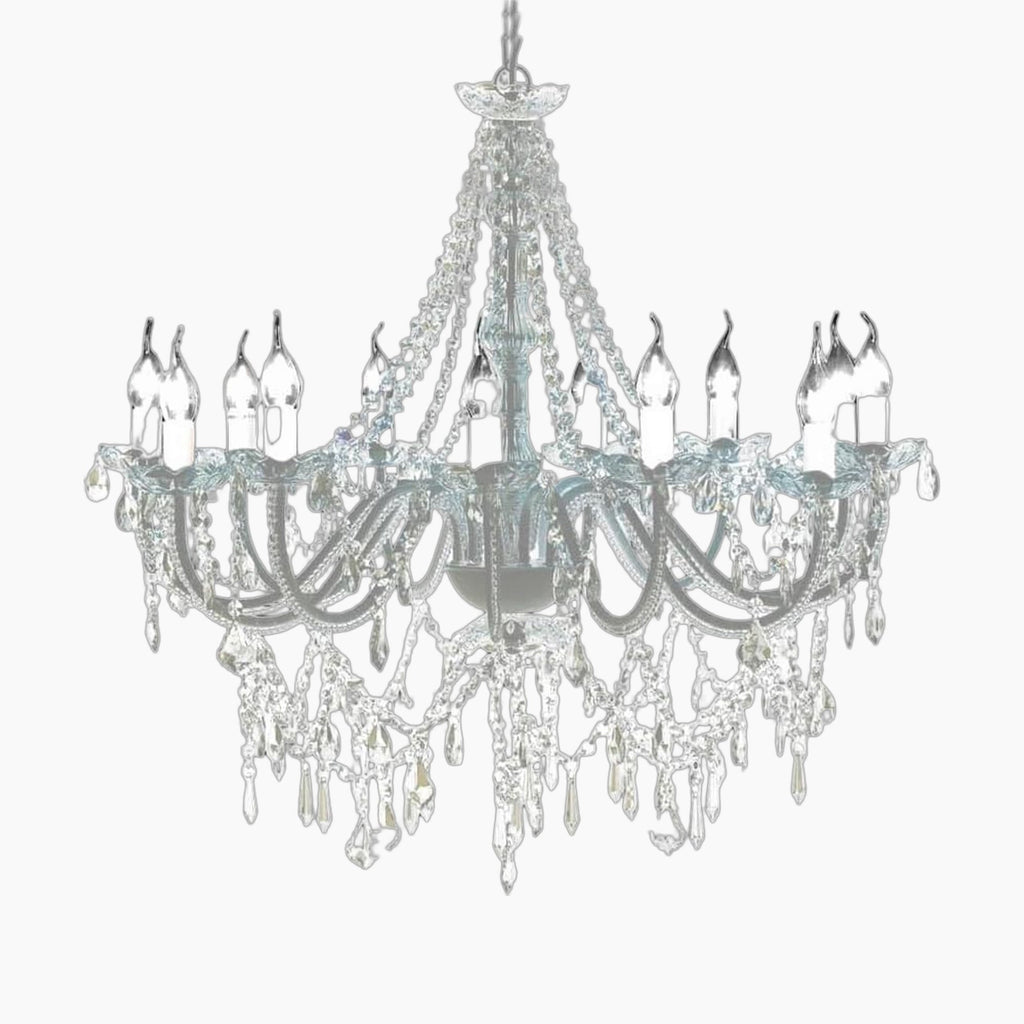 Ornate Venetian crystal chandelier with 12 candle lights, intricate metalwork, and sparkling glass prisms.