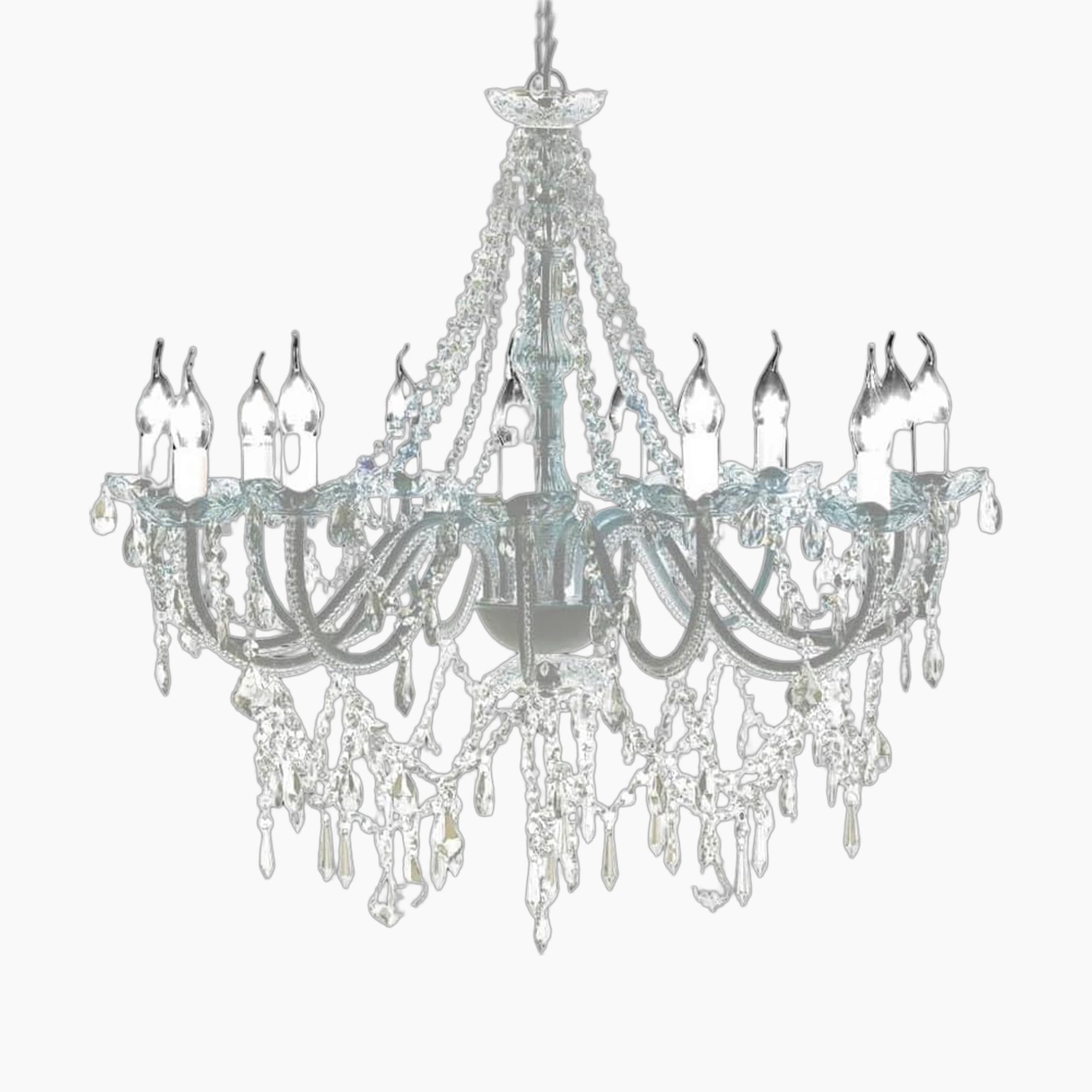 Ornate Venetian crystal chandelier with 12 candle lights, intricate metalwork, and sparkling glass prisms.