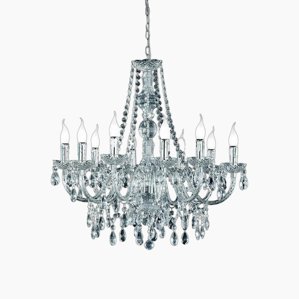 The Maison Ornate chandelier with ten curved arms, E14 candle bulbs, and sparkling crystal ornaments.