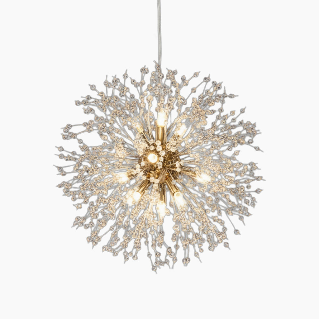 Spherical starburst chandelier with iron frame, crystal accents, and multiple bulbs for elegant lighting.