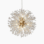 Spherical starburst chandelier with iron frame, crystal accents, and multiple bulbs for elegant lighting.