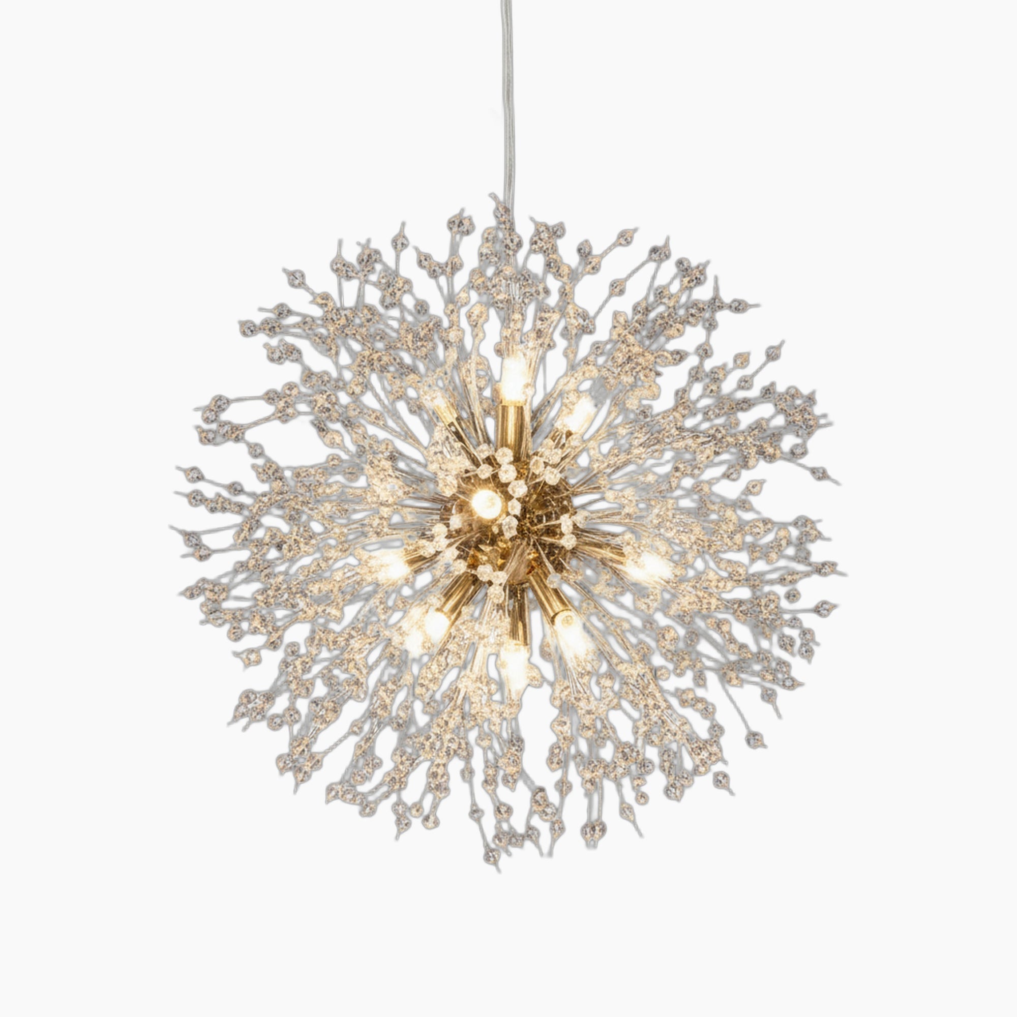 Spherical starburst chandelier with iron frame, crystal accents, and multiple bulbs for elegant lighting.