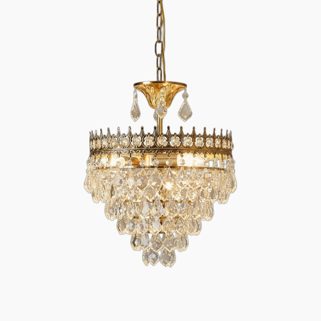 Maison Ornate chandelier with multi-tier crystal prisms, adjustable gold chain, E14 bulbs, dazzling lighting.