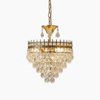Maison Ornate chandelier with multi-tier crystal prisms, adjustable gold chain, E14 bulbs, dazzling lighting.