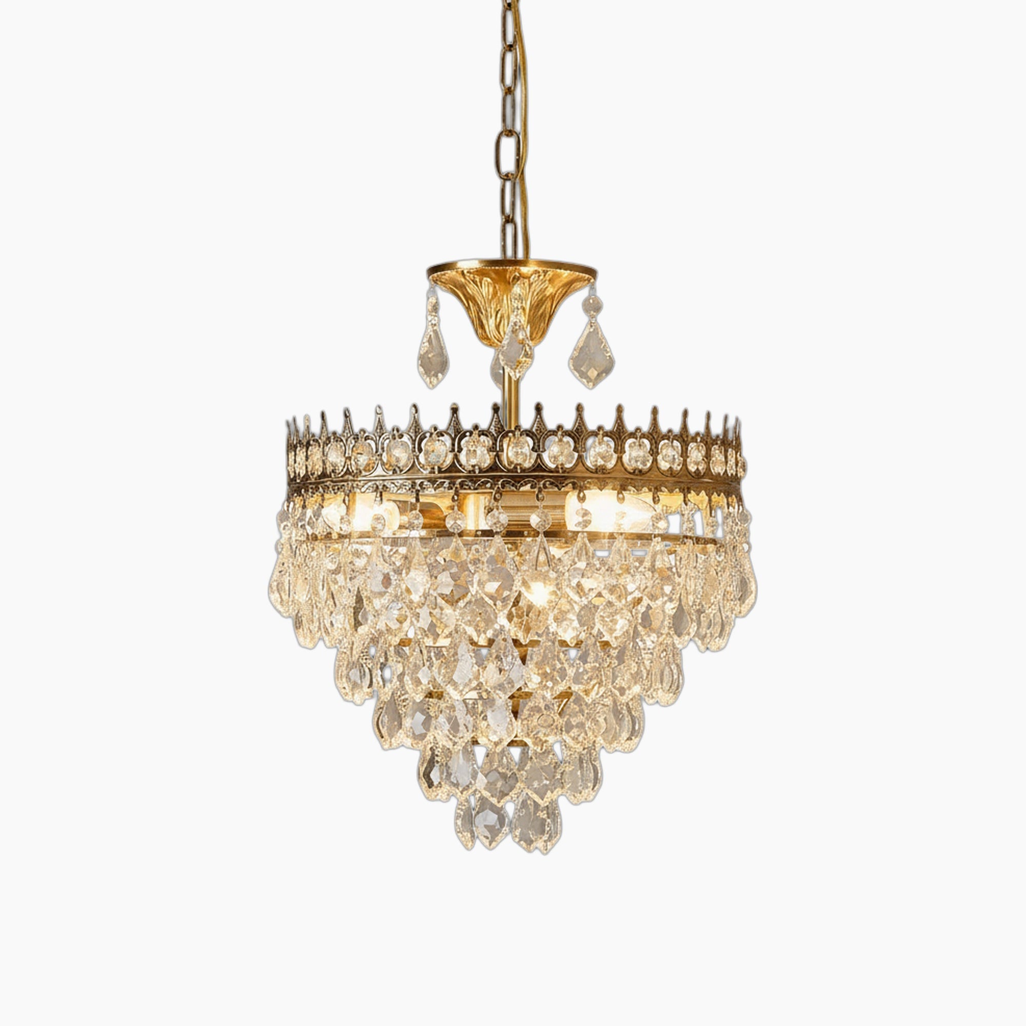 Maison Ornate chandelier with multi-tier crystal prisms, adjustable gold chain, E14 bulbs, dazzling lighting.