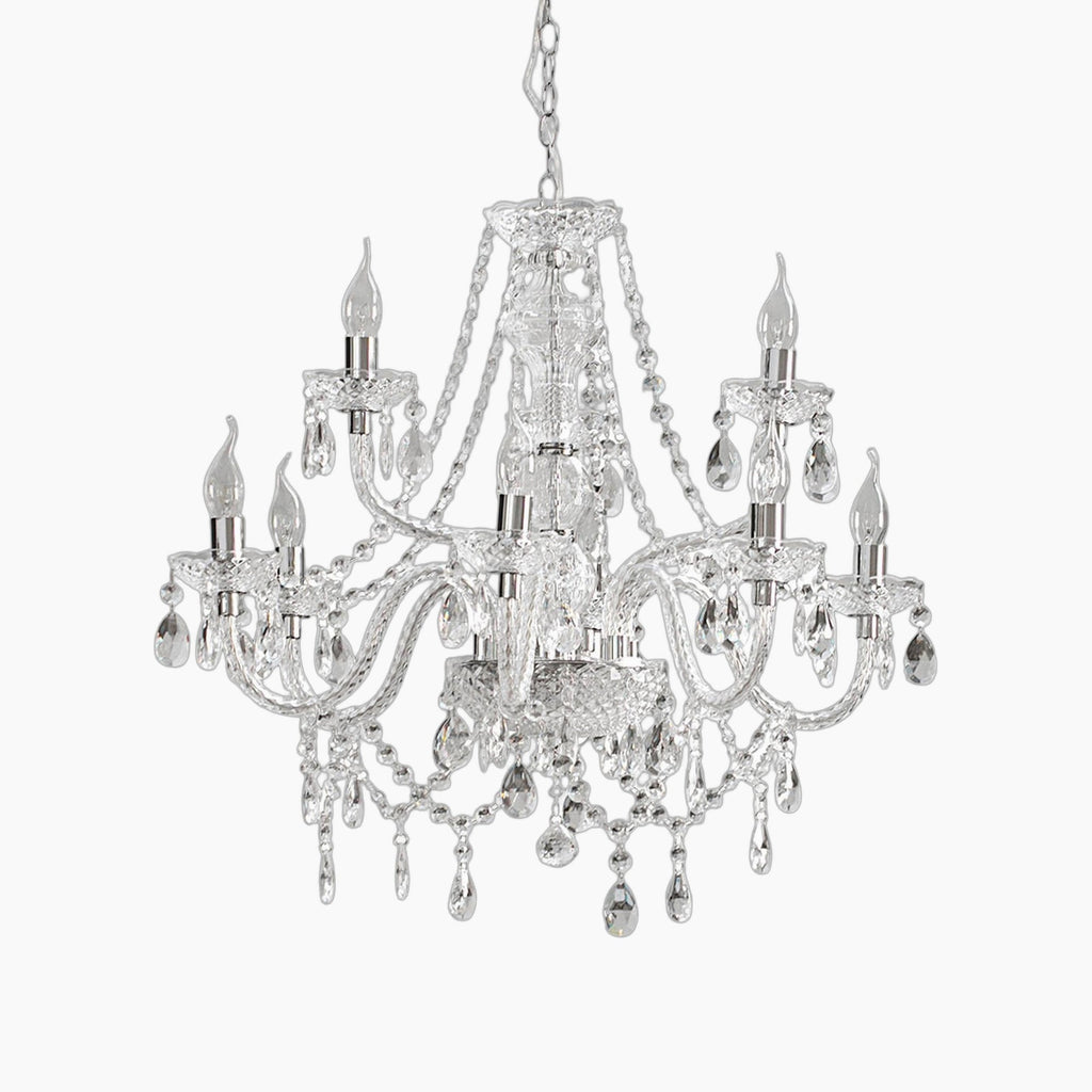 Maison Ornate Classic Chandelier with multiple arms, candle bulbs, crystals, chrome finish, and chain.