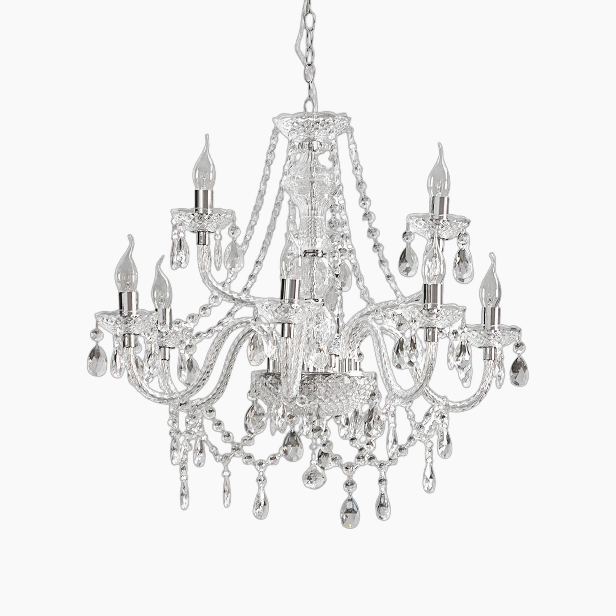 Maison Ornate Classic Chandelier with multiple arms, candle bulbs, crystals, chrome finish, and chain.