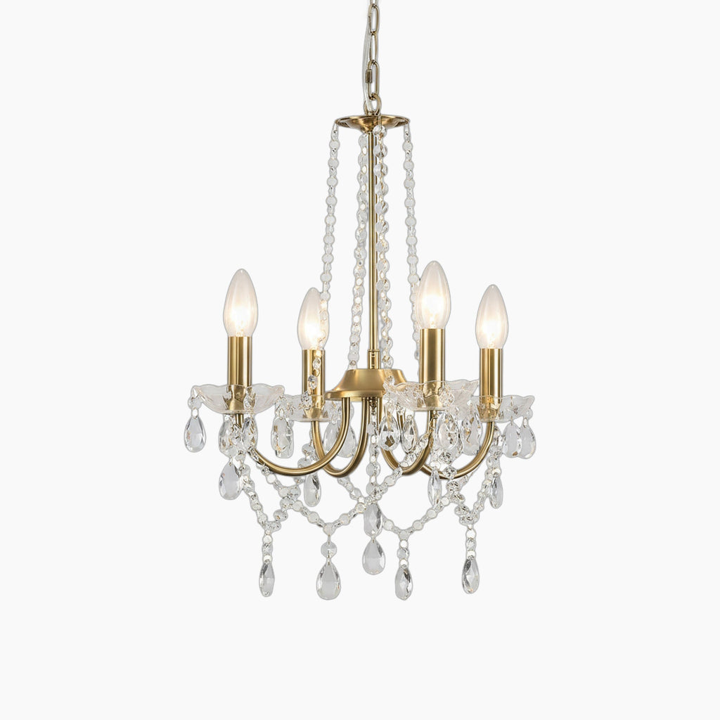 Vintage-style gold chandelier with five E14 candle bulbs, crystal beads, and teardrop ornaments.
