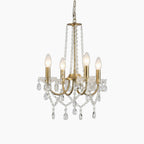 Vintage-style gold chandelier with five E14 candle bulbs, crystal beads, and teardrop ornaments.