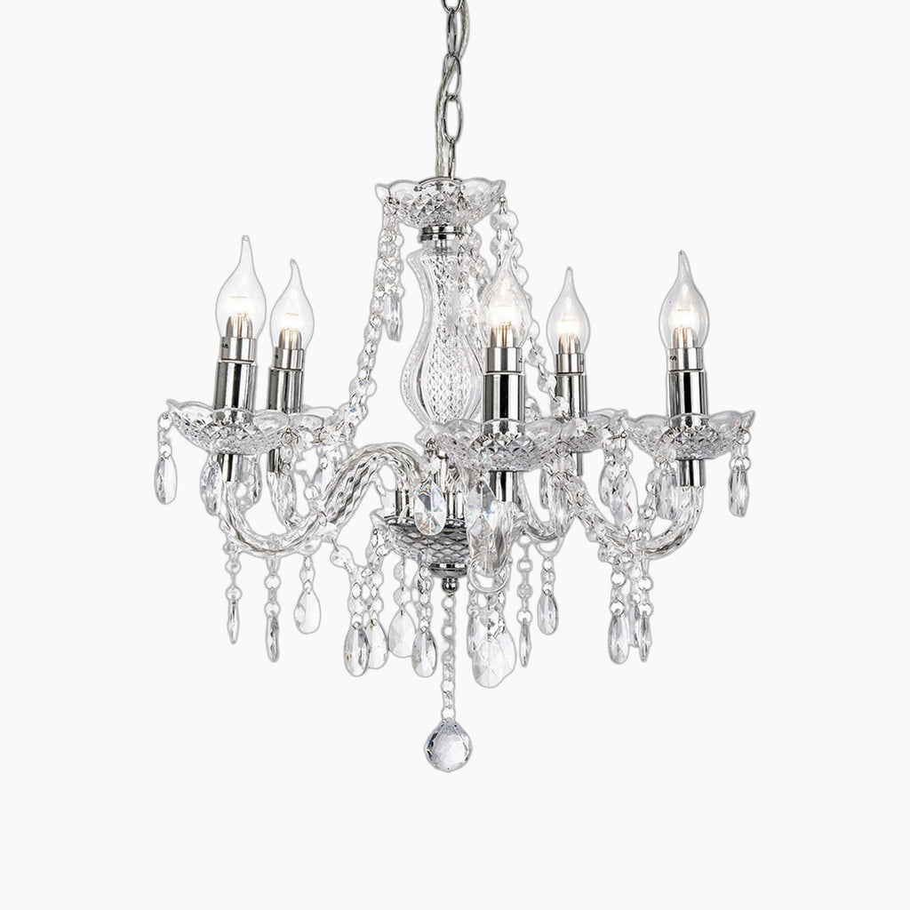 Ornate chrome crystal chandelier with five candle-style bulbs, crystal arms, and dangling prisms.