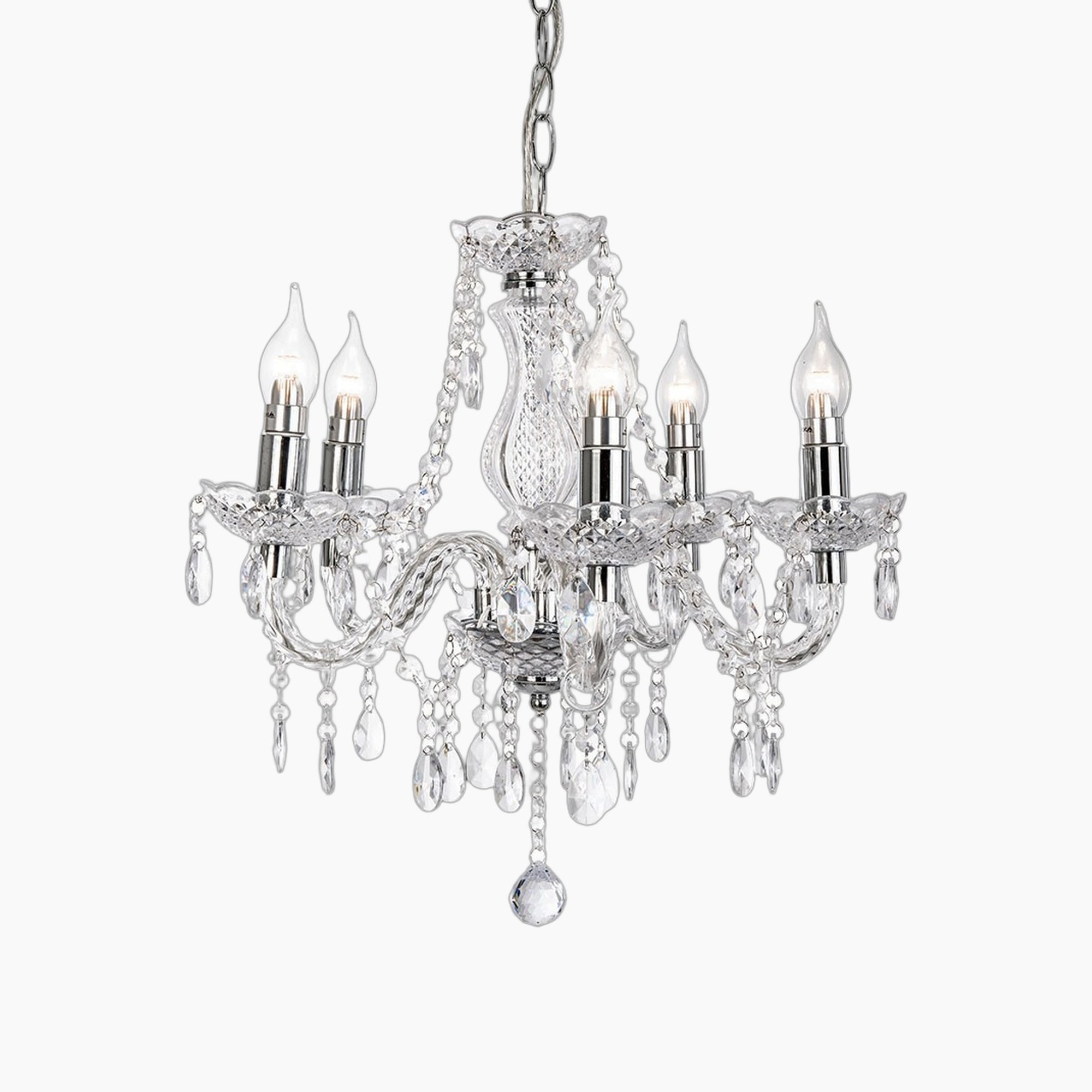 Ornate chrome crystal chandelier with five candle-style bulbs, crystal arms, and dangling prisms.
