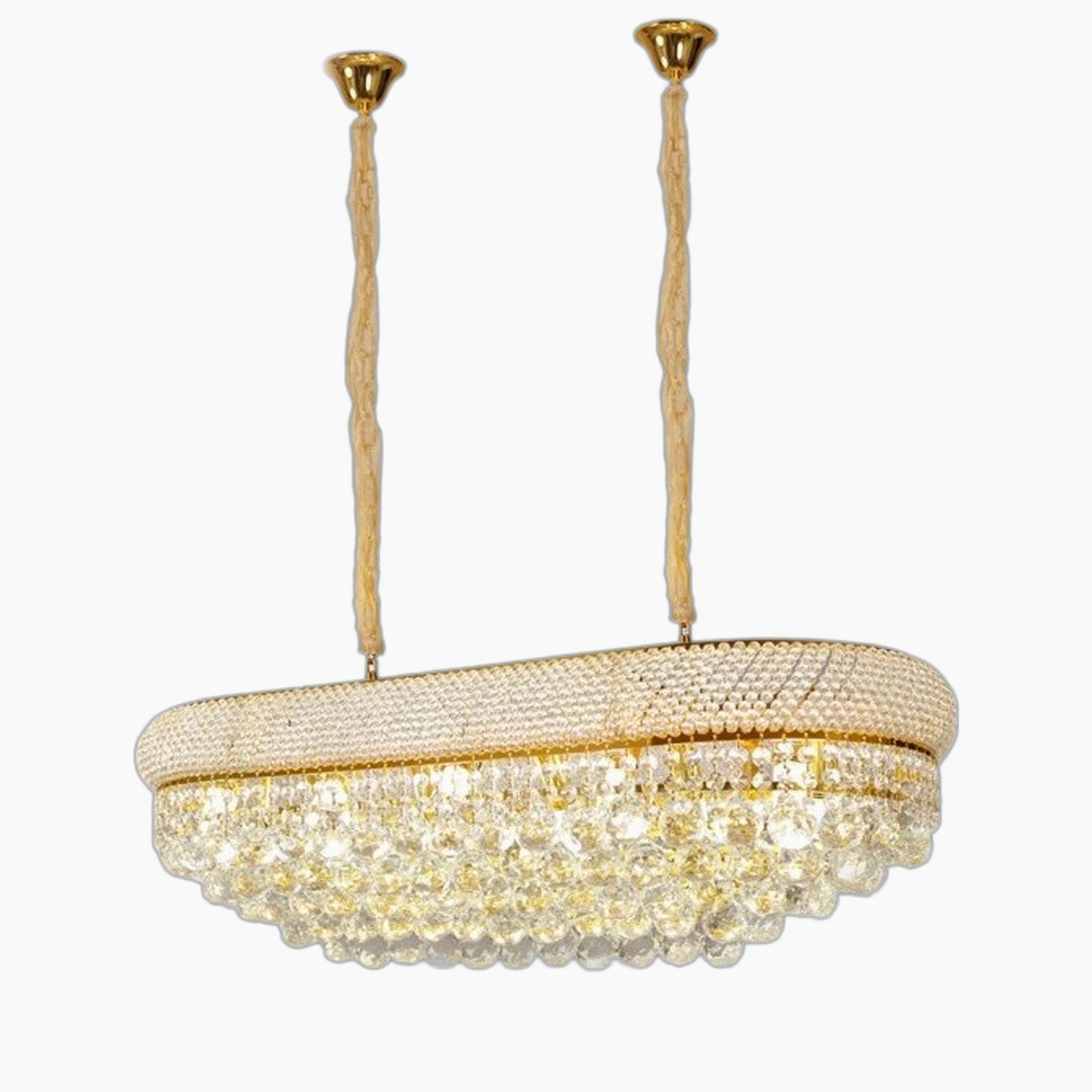 Oval gold chandelier with adjustable height, crystal rows, droplet accents, and textured gold rods.