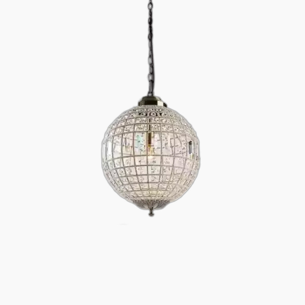 Bronze grid chandelier with K9 crystal panels, globe shape, adjustable chain, vintage style.
