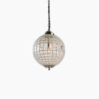 Bronze grid chandelier with K9 crystal panels, globe shape, adjustable chain, vintage style.