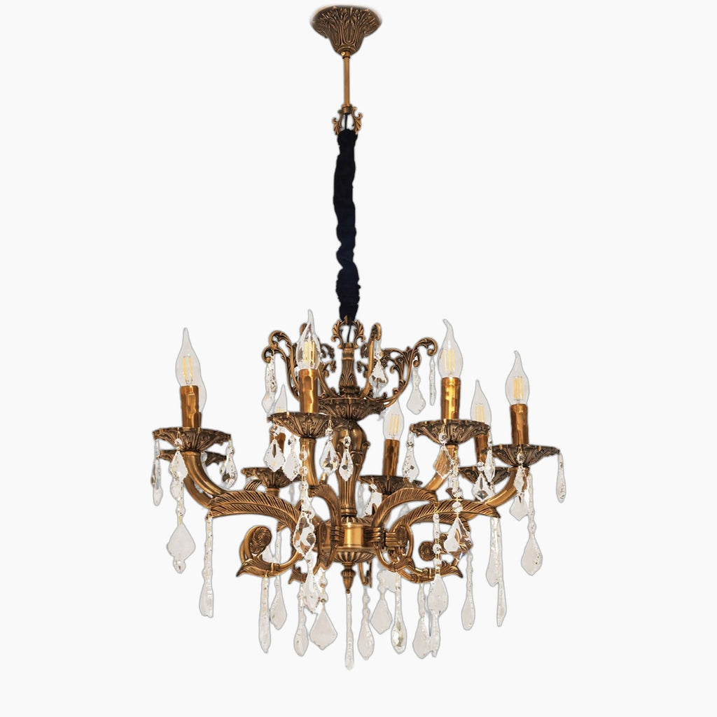 Maison Ornate Vintage Bronze Crystal Hallway Chandelier with 6 candle bulbs, crystal ornaments, decorative chain.