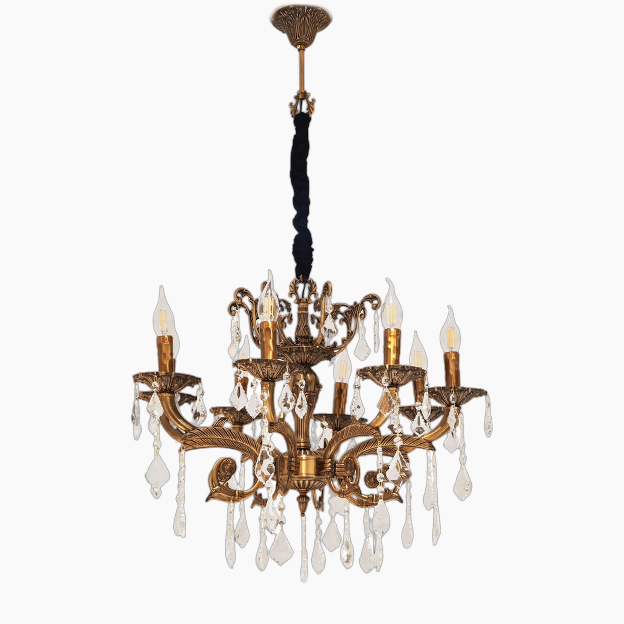 Maison Ornate Vintage Bronze Crystal Hallway Chandelier with 6 candle bulbs, crystal ornaments, decorative chain.
