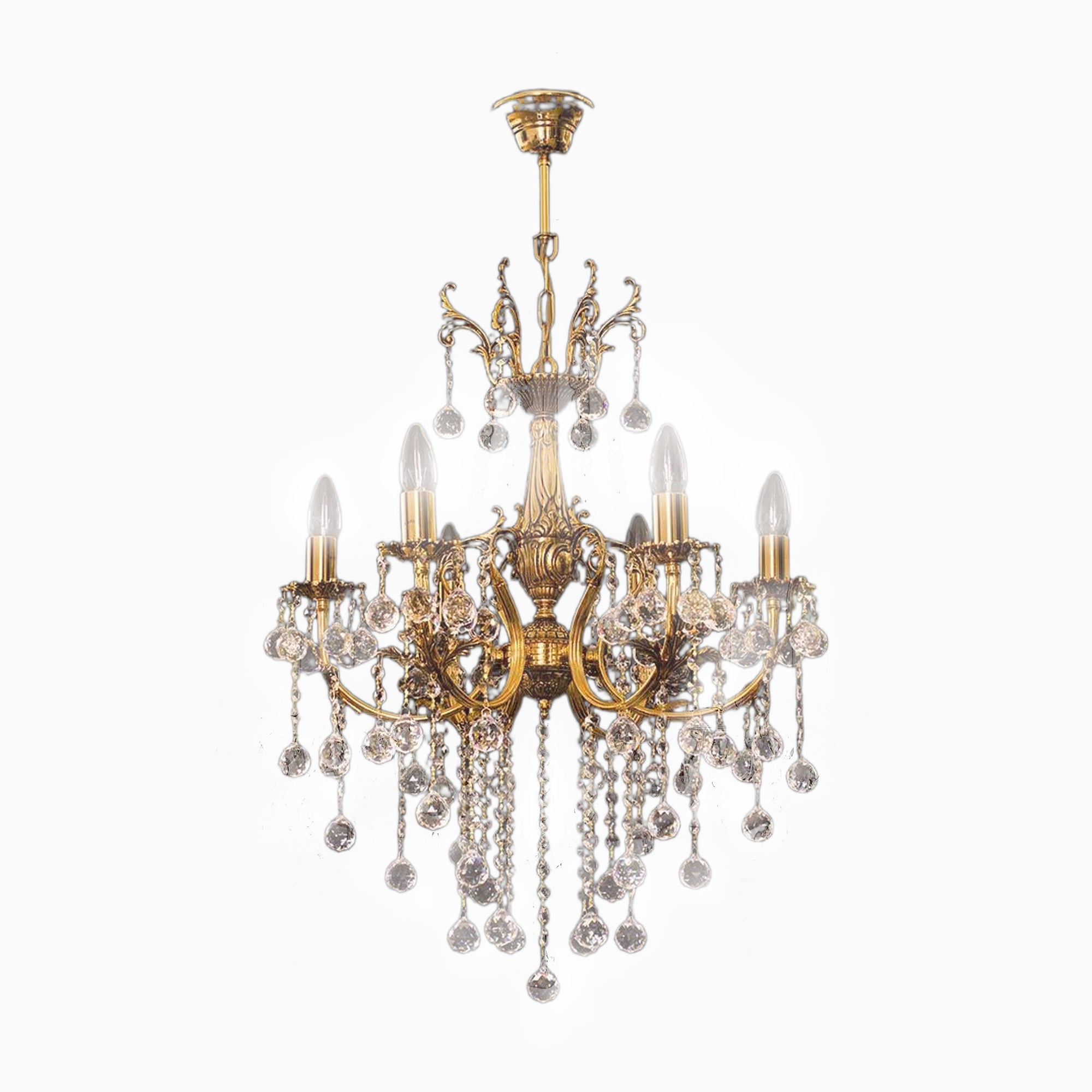 Maison Ornate Art Deco Chandelier with 6 candle lights, gold scrollwork, and hanging crystals.
