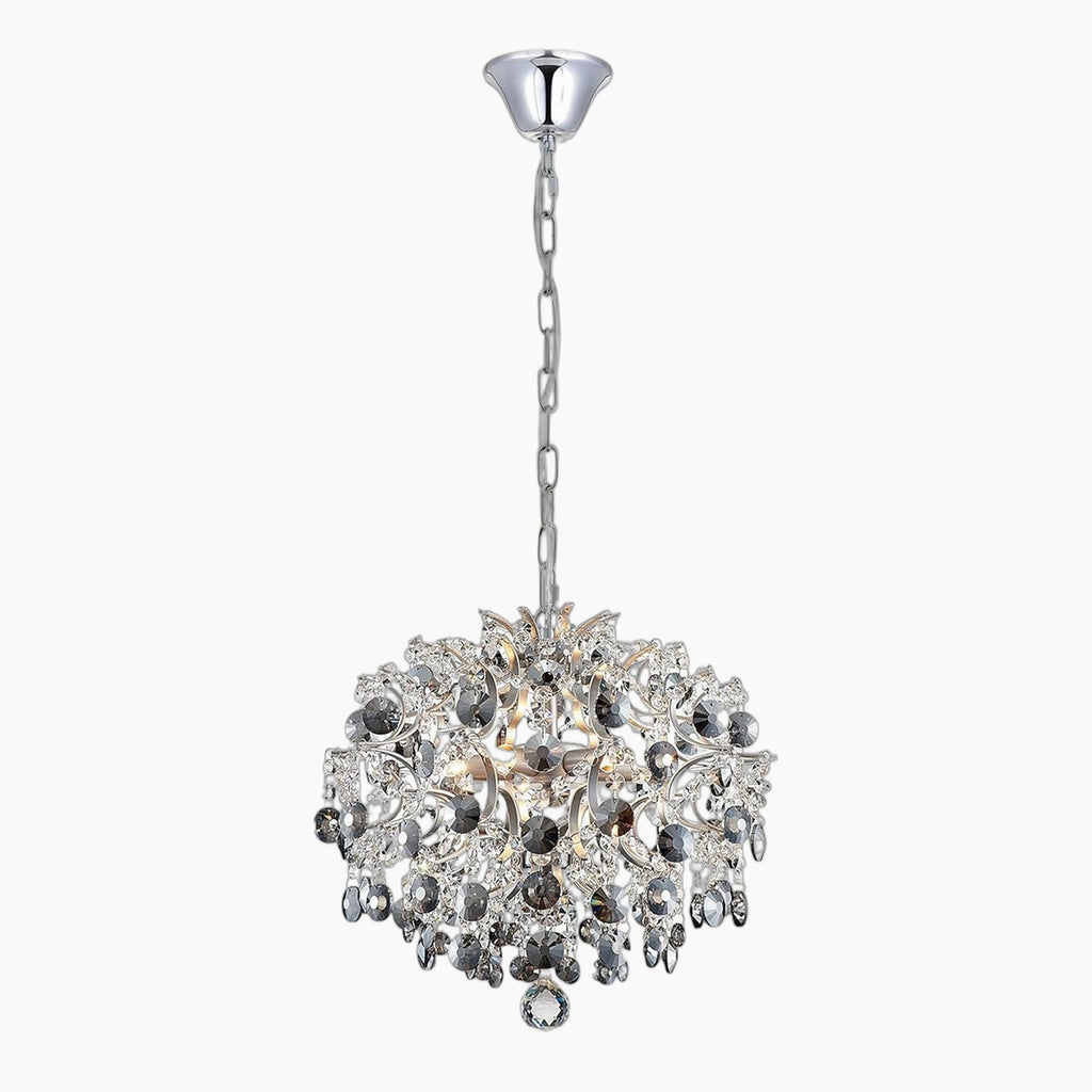 Modern chrome chandelier with clear silver crystals, raindrop design, and adjustable chain for elegance.