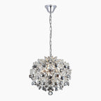 Modern chrome chandelier with clear silver crystals, raindrop design, and adjustable chain for elegance.