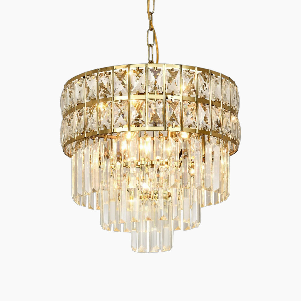 Gold stainless steel chandelier with two tiers of square and hanging rectangular K9 crystals.