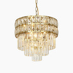 Gold stainless steel chandelier with two tiers of square and hanging rectangular K9 crystals.