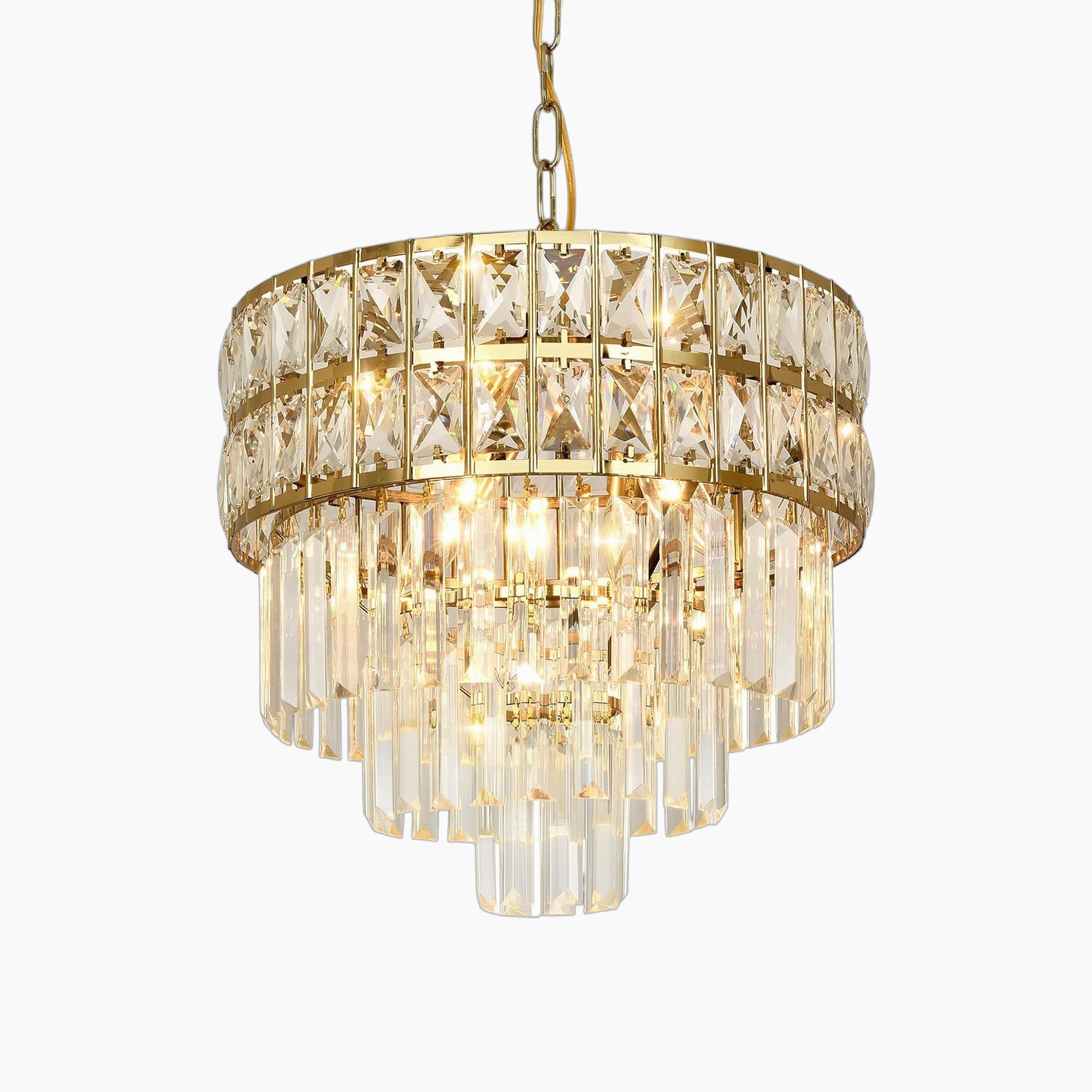 Gold stainless steel chandelier with two tiers of square and hanging rectangular K9 crystals.