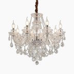 Ornate Modern European K9 crystal chandelier with ten candle bulbs, glass arms, prisms.