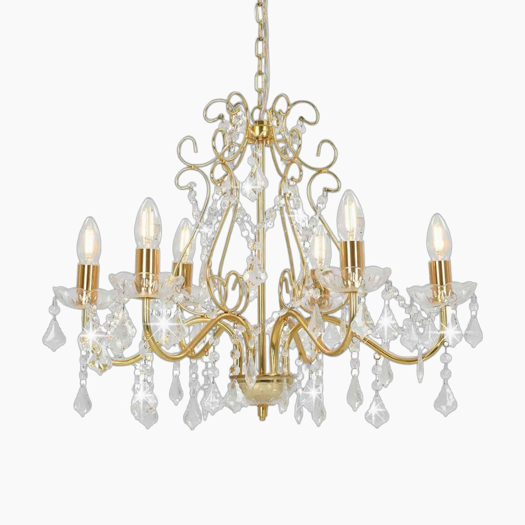 Eight-light golden crystal acrylic chandelier with ornate curved arms and dangling crystal pendants.