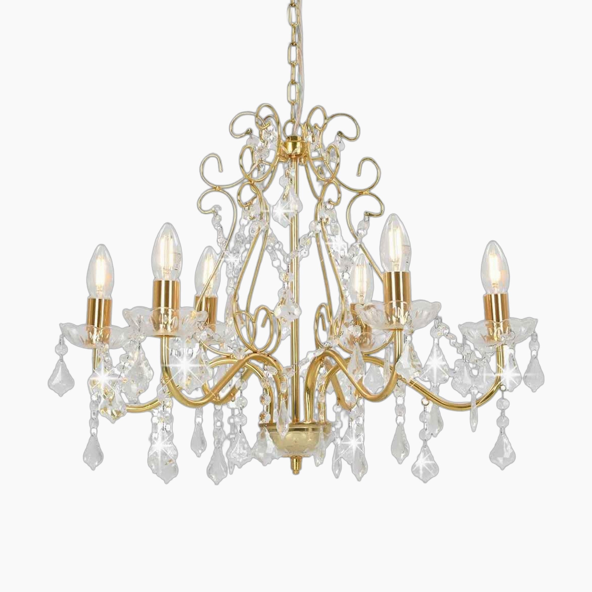 Eight-light golden crystal acrylic chandelier with ornate curved arms and dangling crystal pendants.