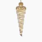 Luxurious spiral-tiered gold chandelier with layered glass rods, elegant and modern statement lighting.