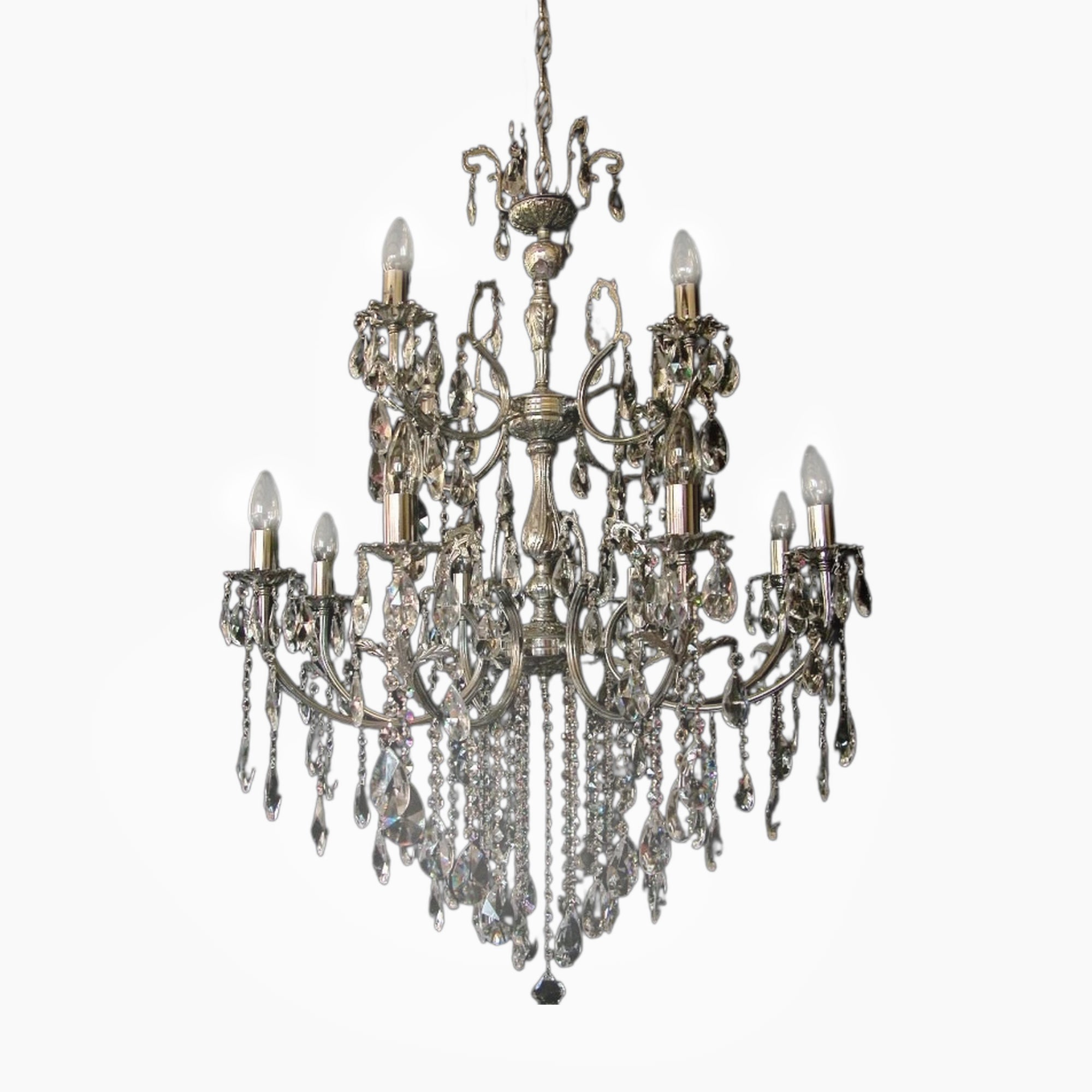 Maison Ornate Antique Crystal Chandelier features silver chain, twelve bulbs, ornate metal arms, and hanging crystal prisms.