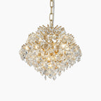 Gold chain-hung chandelier with faceted crystals, four bulbs, and a sparkling, elegant glow.
