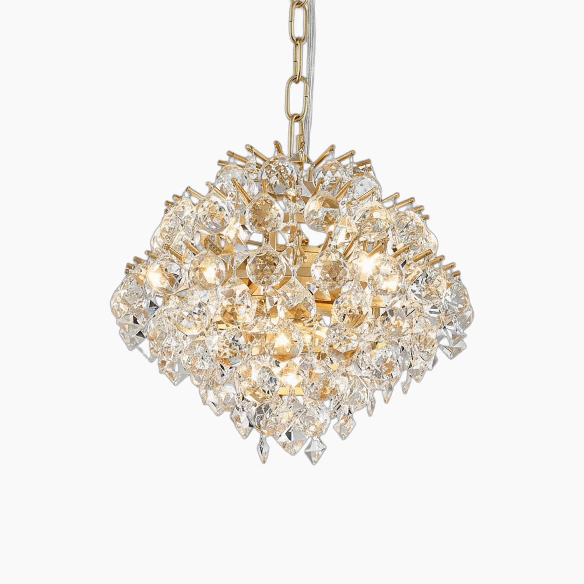 Gold chain-hung chandelier with faceted crystals, four bulbs, and a sparkling, elegant glow.
