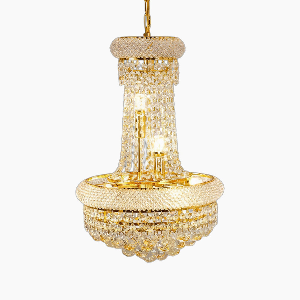 Ornate gold chandelier with round glass tiers, cascading crystals, and 6 E14 lights. Modern luxury style.