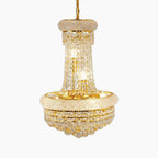 Ornate gold chandelier with round glass tiers, cascading crystals, and 6 E14 lights. Modern luxury style.