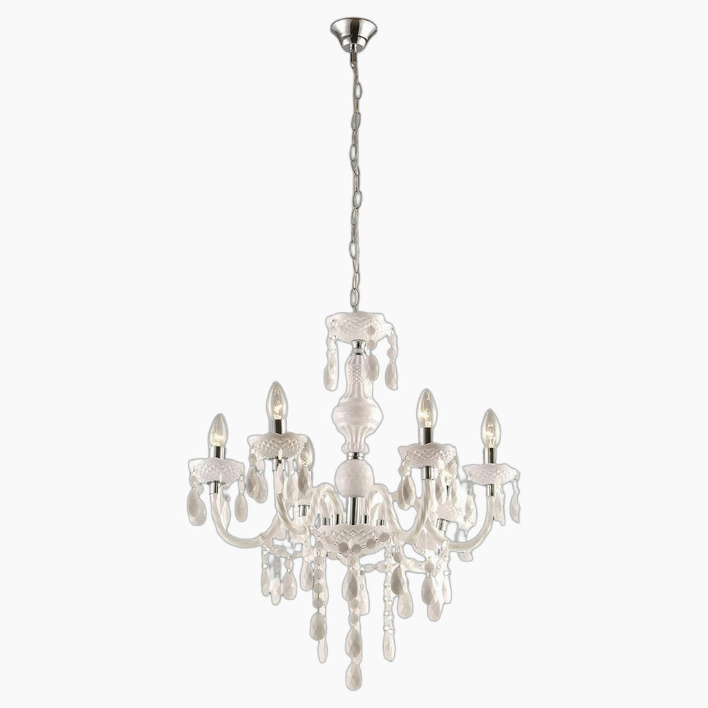Maison Ornate 6-Arm Chandelier with curved arms, six candle bulbs, and crystal accents.