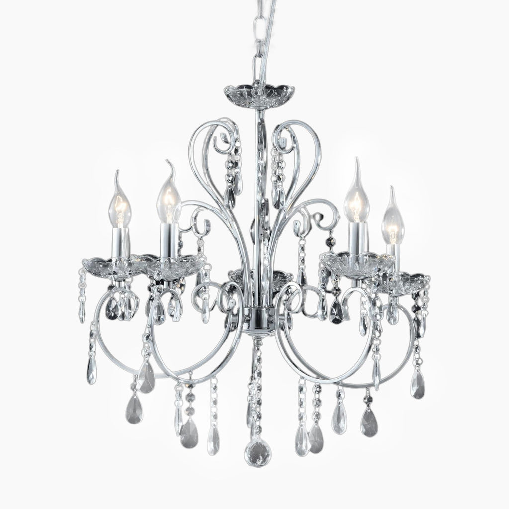 Maison Ornate Silver Baroque Chandelier with 5 E14 candle bulbs and hanging crystal accents.