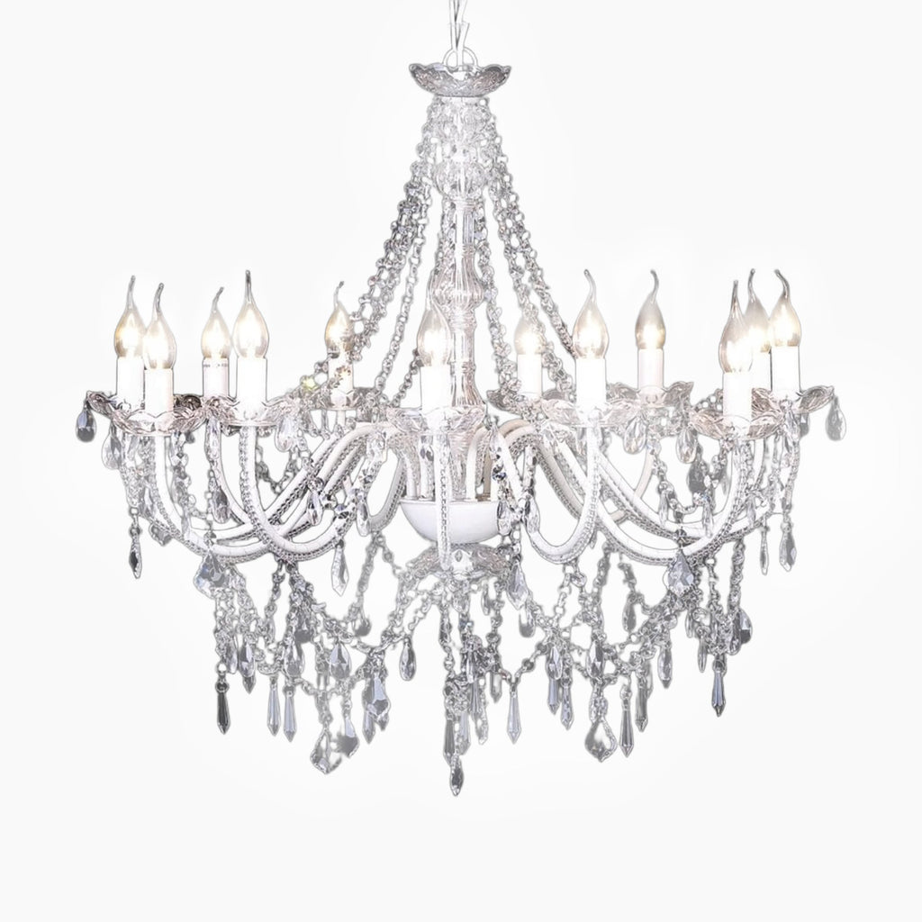 Venice 12-Light Baroque Chandelier with ornate white metal arms and draped crystal prisms.