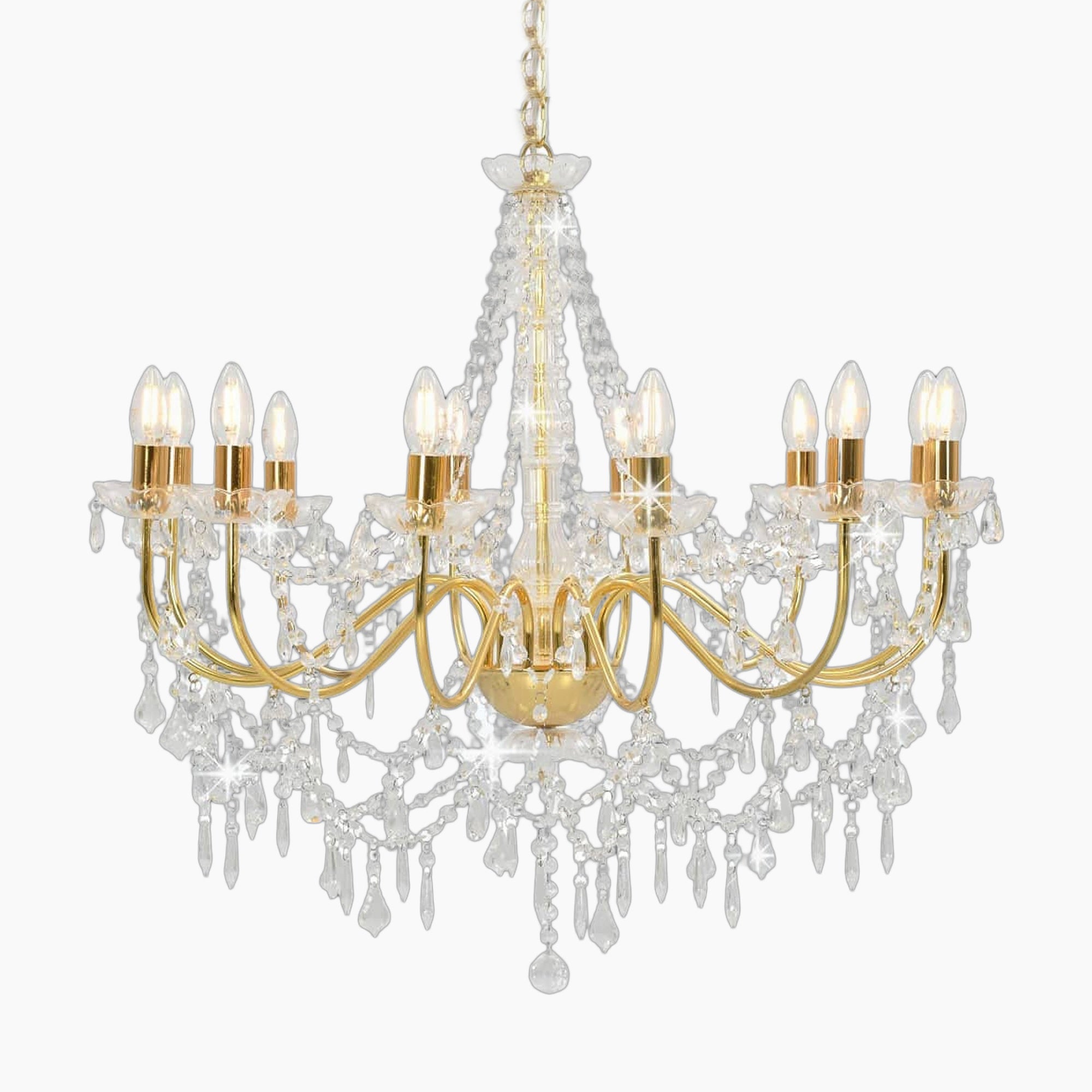 Maison Ornate Baroque Chandelier with acrylic pearls, ten candle bulbs, and gold chain.